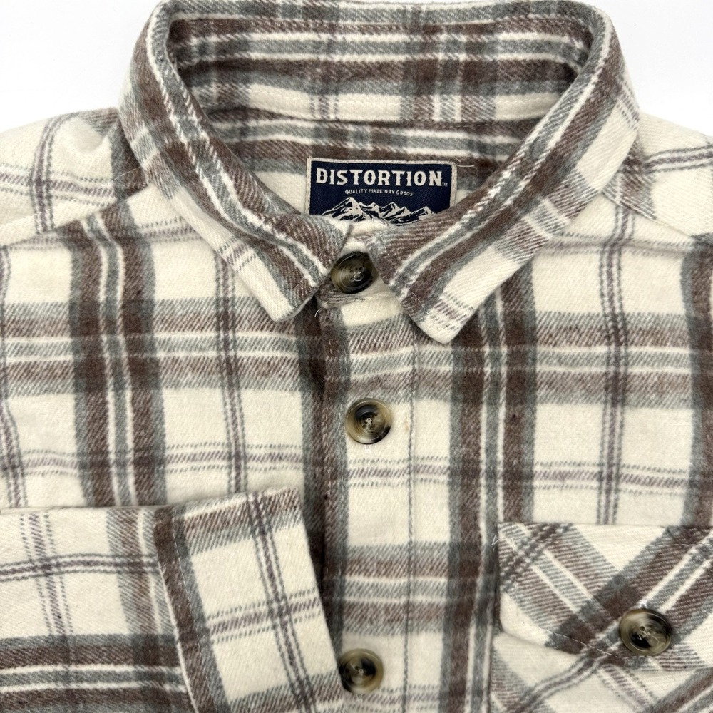 Distortion Mens Modern Flannel Button Up‎ Jacket Shirt White Plaid S Wool Blend